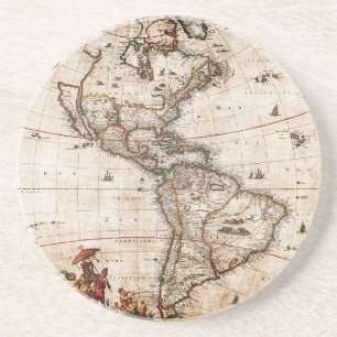 Old Antique North & South America Map Lithograph Coaster