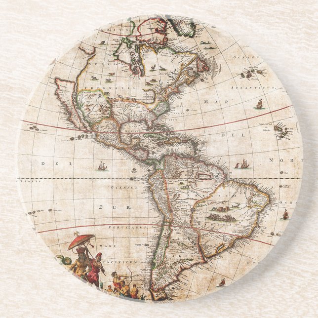 Old Antique North & South America Map Lithograph Coaster (Front)