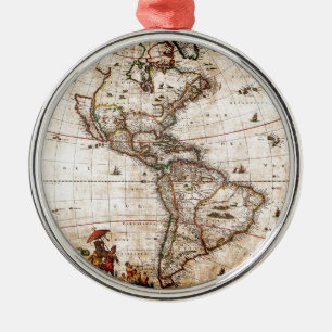 Old Antique North & South America Map Metal Tree Decoration