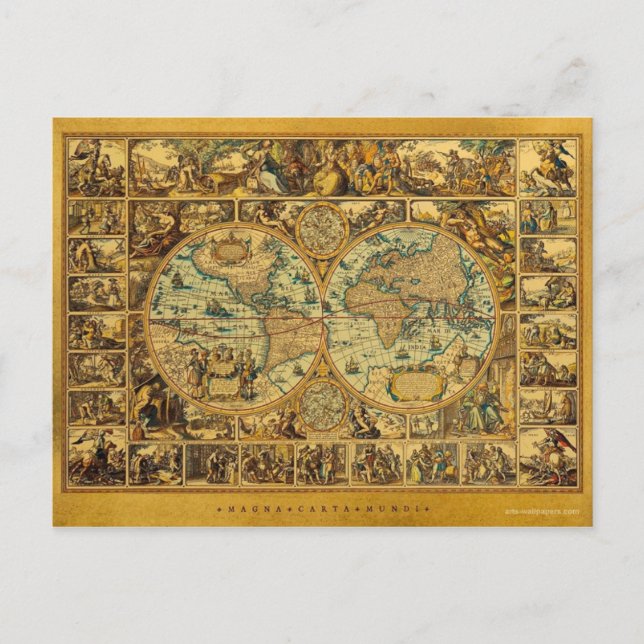 Old Antique Vintage World map illustrated Postcard (Front)