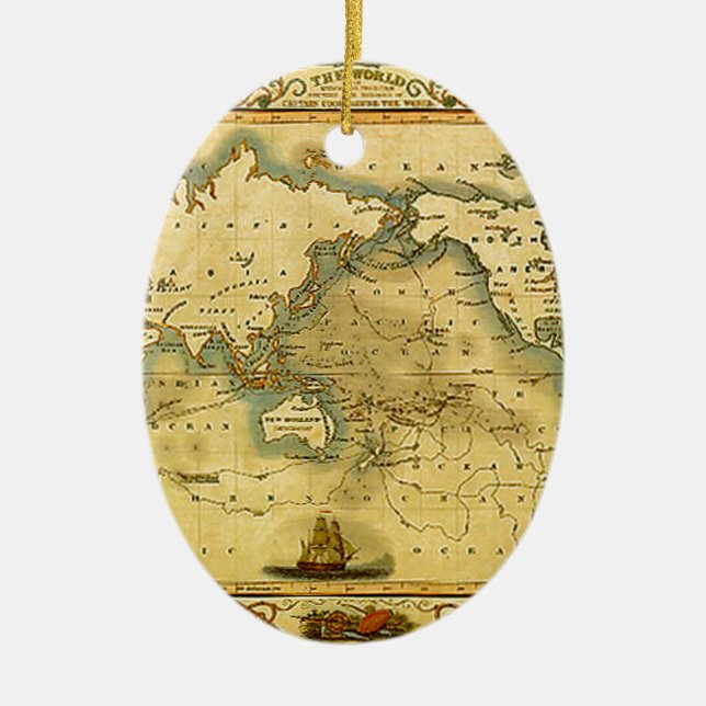 Old Antique World Map Ceramic Tree Decoration (Front)