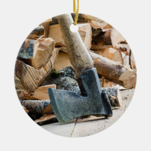 Old axe and firewood ceramic tree decoration