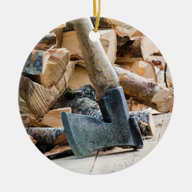 Old axe and firewood ceramic tree decoration (Front)