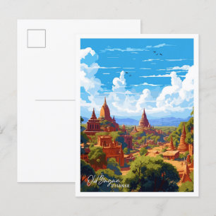 Old Bagan Myanmar Art Vintage Travel Illustration Postcard