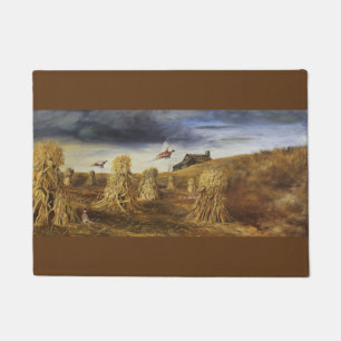 Old barn and pheasants Door Mat