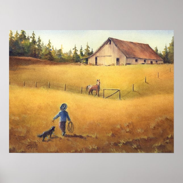 OLD BARN, APALOOSA, BOY & DOG by SHARON SHARPE Poster (Front)