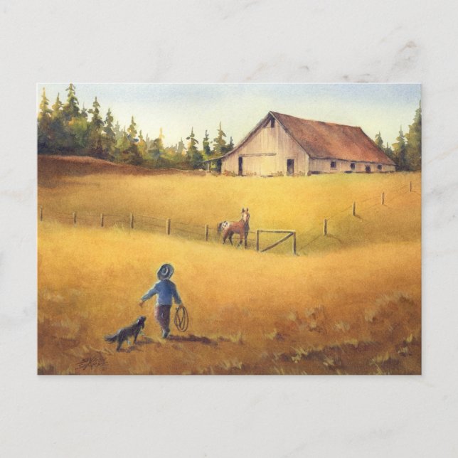 OLD BARN, APPALOOSA BOY & DOG by SHARON SHARPE Postcard (Front)