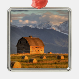 Old barn framed by hay bales and dramatic metal tree decoration