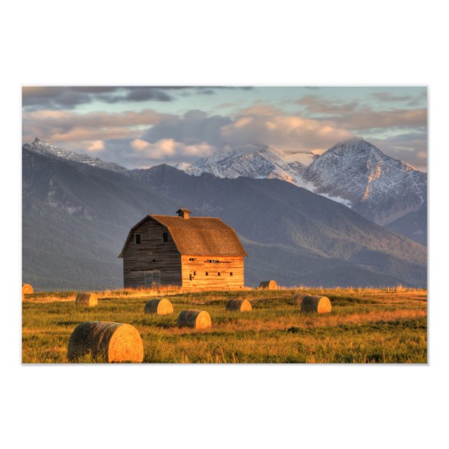 Old barn framed by hay bales and dramatic photo print (Front)