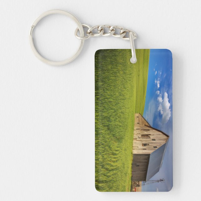 Old Barn in Field of Spring Wheat Key Ring (Front)