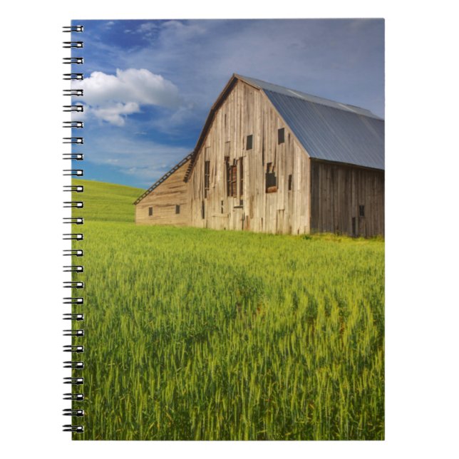 Old Barn in Field of Spring Wheat Notebook (Front)