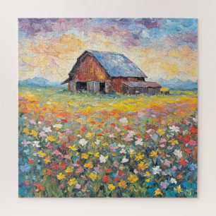 Old Barn In Wildflower Field Jigsaw Puzzle