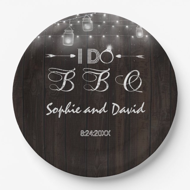 Old Barn Mason Jars String Lights I DO BBQ Paper Plate (Front)