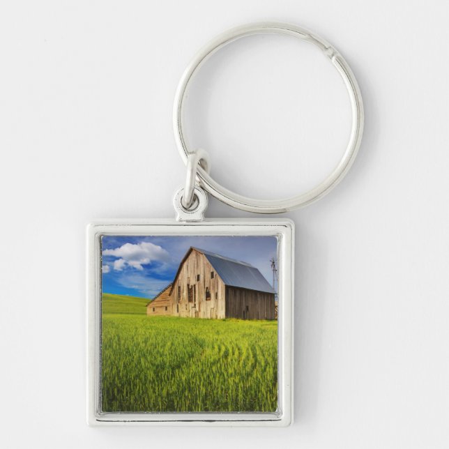 Old Barn Surrounded by Spring Wheat Field 1 Key Ring (Front)