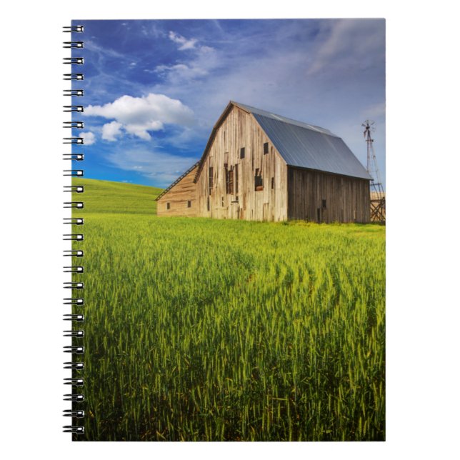 Old Barn Surrounded by Spring Wheat Field 1 Notebook (Front)