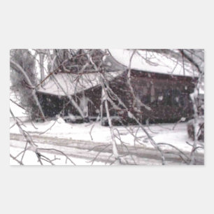 Old Barn through the Branches Winter Snow Photo Rectangular Sticker