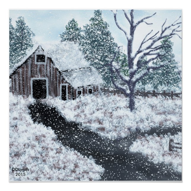Old barn winter scene snow falling  poster (Front)