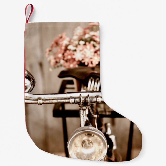 Old bicycle and flowers blur in background process small christmas stocking (Front)