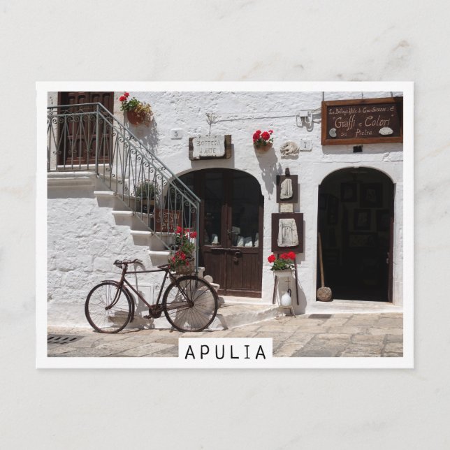 Old bike and storefront in Apulia Postcard (Front)