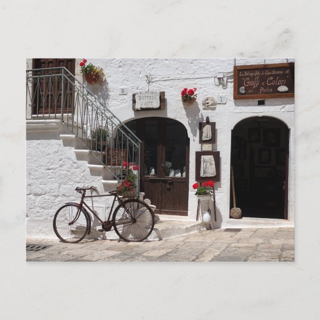 Old bike and storefront in Apulia Postcard (Front)