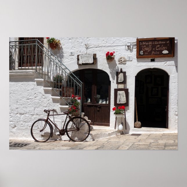 Old bike and storefront in Apulia Poster (Front)