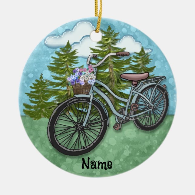 Old Blue Bike Bicycle Ceramic Tree Decoration (Front)