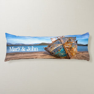 Old Blue Boat by the Seashore Body Cushion