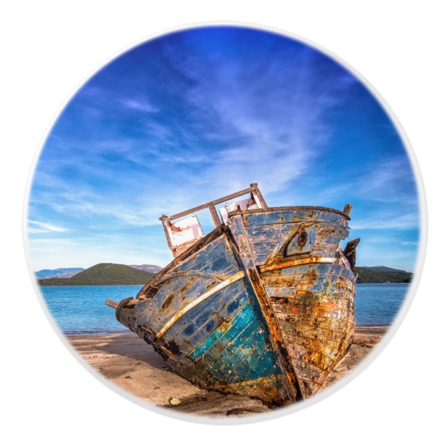 Old Blue Boat by the Seashore Ceramic Knob (Front)