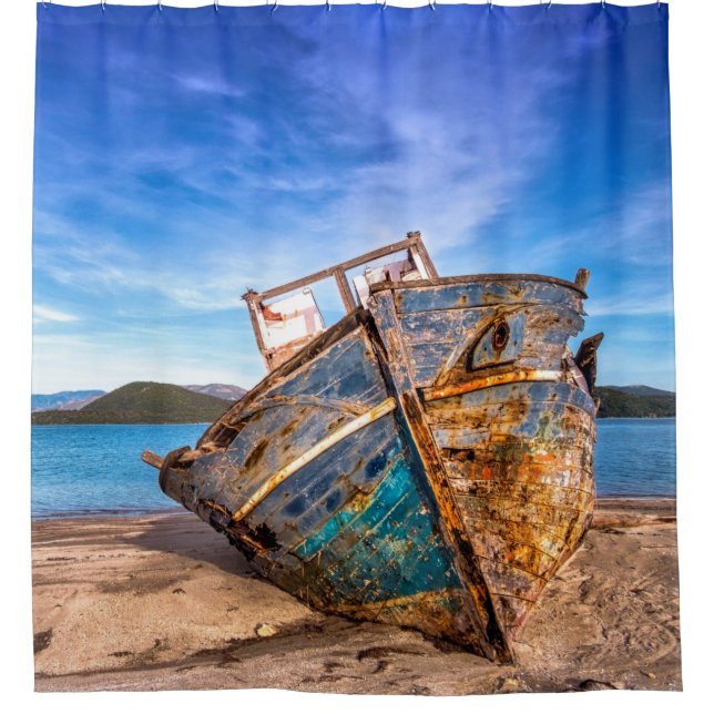 Old Blue Boat by the Seashore Shower Curtain (Front)