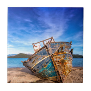 Old Blue Boat by the Seashore Tile