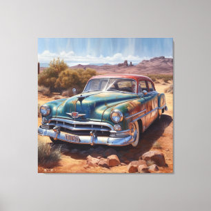 Old blue deserted car in the desert too canvas print