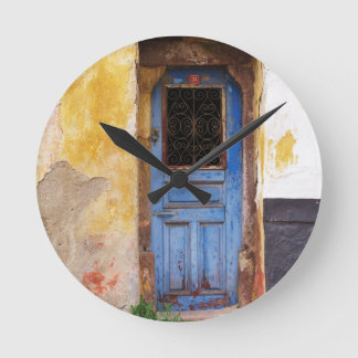 Old Blue Door Mykonos Greece Round Clock