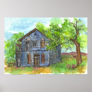 Old Blue House Pen and Ink Drawing Watercolor Poster