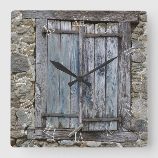 Old blue painted wood shutters square wall clock (Front)