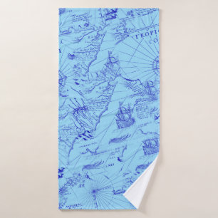 Old blue sea chart ships and compass bath towel