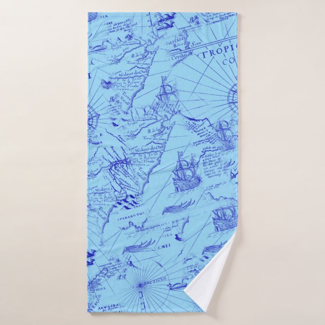 Old blue sea chart ships and compass bath towel (Bath Towel)