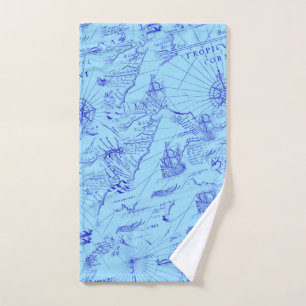 Old blue sea chart ships and compass hand towel