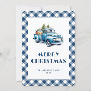 Old Blue Truck Gingham Plaid Merry Christmas Card