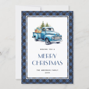 Old Blue Truck Plaid Snowy Merry Christmas Card