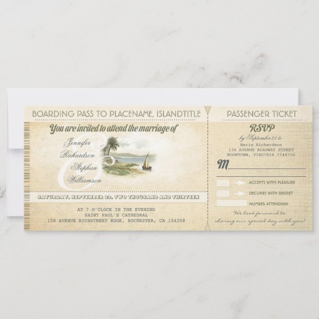 old boarding pass beach wedding invites with RSVP (Front)