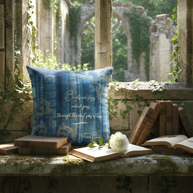 Old books - golden ornaments - blue | cushion (Romantisches blaues Kissen mit alten Büchern und goldenen Ornamenten)