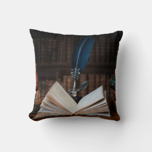 Old books, quill pen and vintage inkwell on wooden cushion