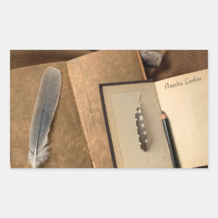 Old books with pencil, feathers bookplate Sticker