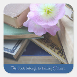 Old books with primroses bookplate square sticker