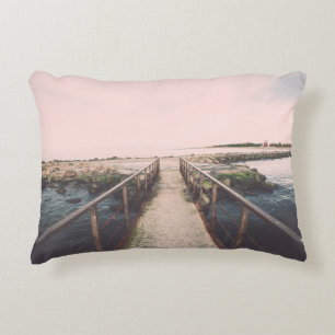 Old bridge with rusty metal rails near sea port. V Decorative Cushion