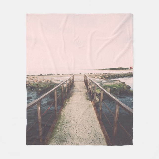 Old bridge with rusty metal rails near sea port. V Fleece Blanket (Front)