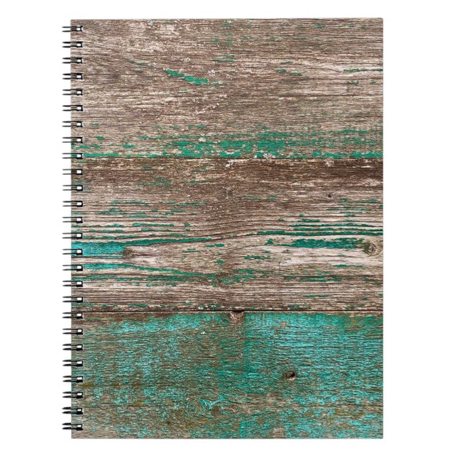 Old brown-blue wooden background with peeling pain notebook (Front)