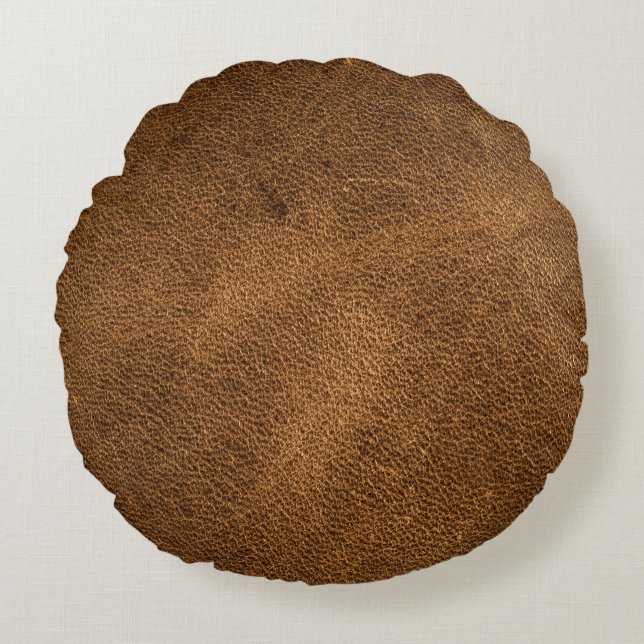 Old Brown Leather: Textured Background Round Cushion (Front)