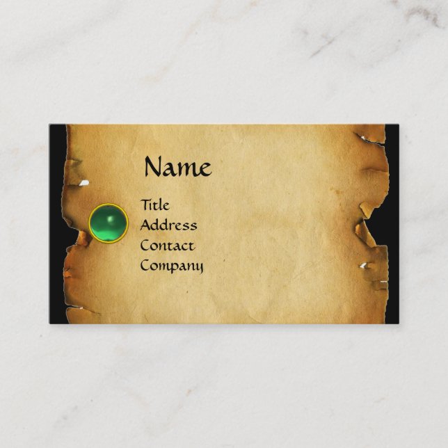 OLD BROWN PARCHMENT, GEM STONE, MONOGRAM green Business Card (Front)