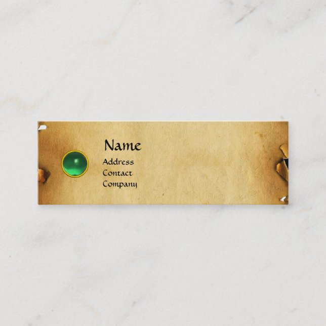 OLD BROWN PARCHMENT, GEM STONE, MONOGRAM green Mini Business Card (Front)